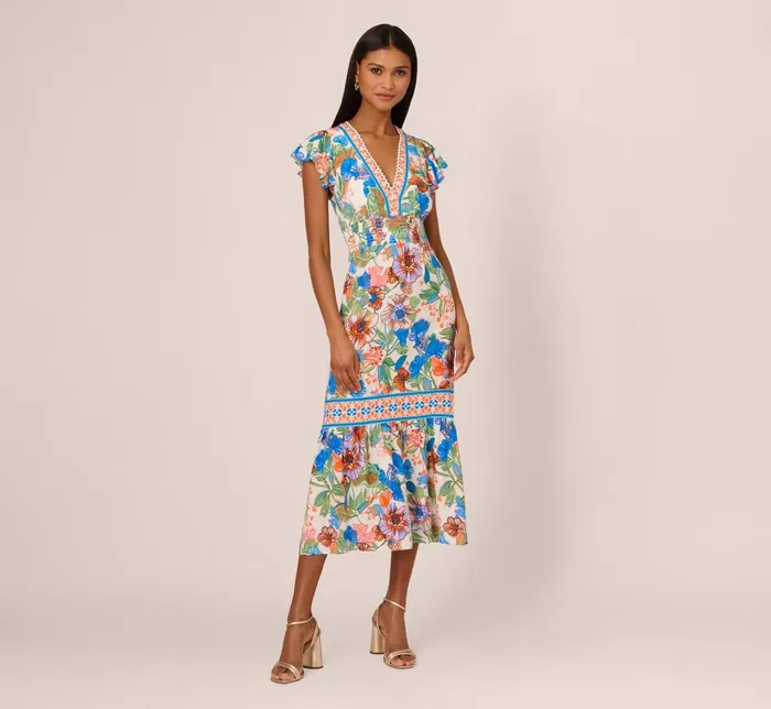 Adrianna Papell Day Dresses Bright Floral Print Midi Dress With Flutter Sleeves In BlueGreen Multi 8211 Women Adrianna Papell Day Dresses Bright Floral Print Midi Dress With Flutter Sleeves In BlueGreen Multi 8211 Women