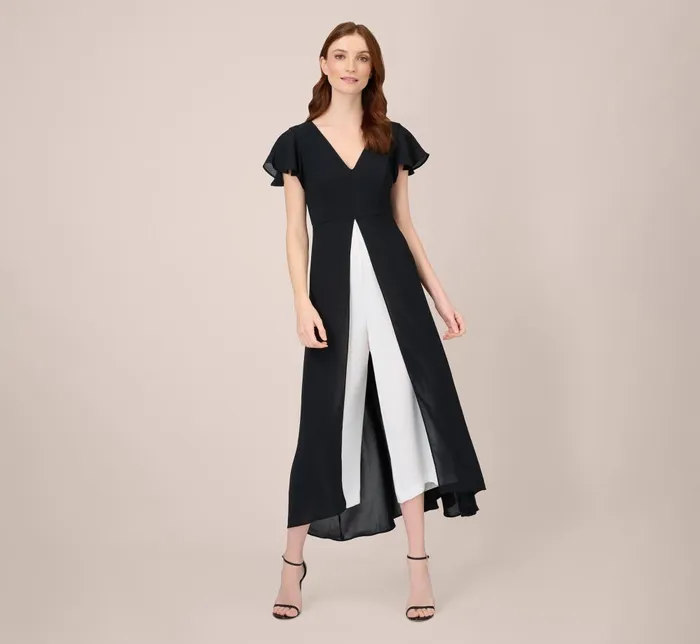 Adrianna Papell Day Dresses Crepe Cropped Jumpsuit With Gauze Overlay In Black Ivory 8211 Women