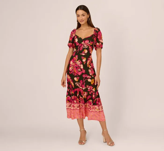 Adrianna Papell Day Dresses Floral Print Maxi Dress With Puff Sleeves In Hunter Multi 8211 Women