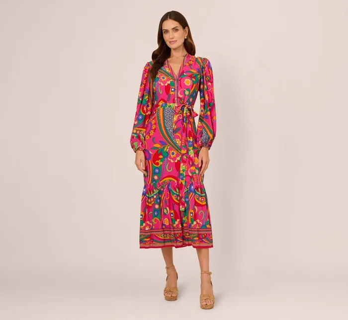 Adrianna Papell Day Dresses Long Sleeve Retro Printed Midi Dress In Pink Multi 8211 Women Adrianna Papell Day Dresses Long Sleeve Retro Printed Midi Dress In Pink Multi 8211 Women