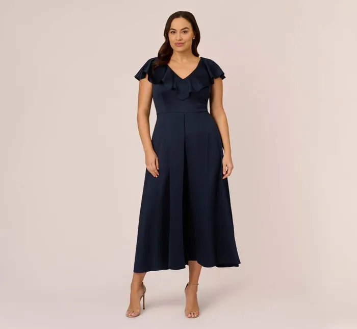Adrianna Papell Day Dresses Plus Size Satin Crepe Ruffled Cropped Jumpsuit In Dark Navy 8211 Women