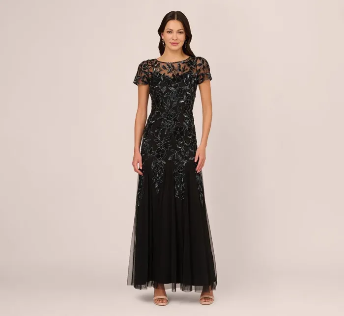 Adrianna Papell Formal Dresses Hand Beaded Short Sleeve Floral Godet Gown In Black Gunmetal 8211 Women Adrianna Papell Formal Dresses Hand Beaded Short Sleeve Floral Godet Gown In Black Gunmetal 8211 Women