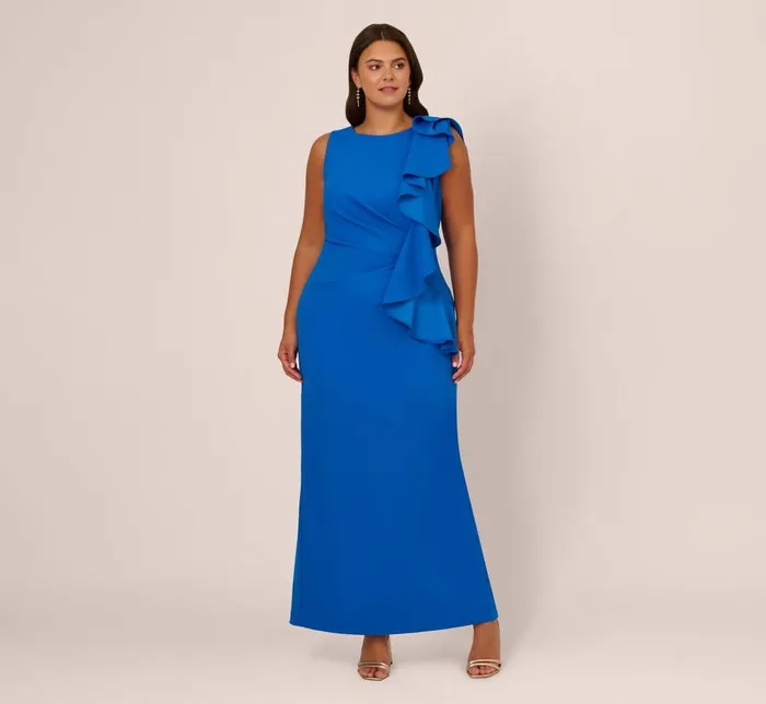 Adrianna Papell Formal Dresses Plus Size Knit Crepe Sleeveless Column Gown With Draped Accent In Cool Cobalt 8211 Women