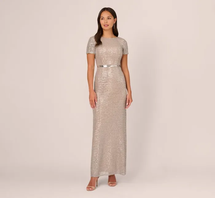 Adrianna Papell Formal Dresses Sequin Short Sleeve Column Gown With Embellished Waist In Silver Nude 8211 Women Adrianna Papell Formal Dresses Sequin Short Sleeve Column Gown With Embellished Waist In Silver Nude 8211 Women