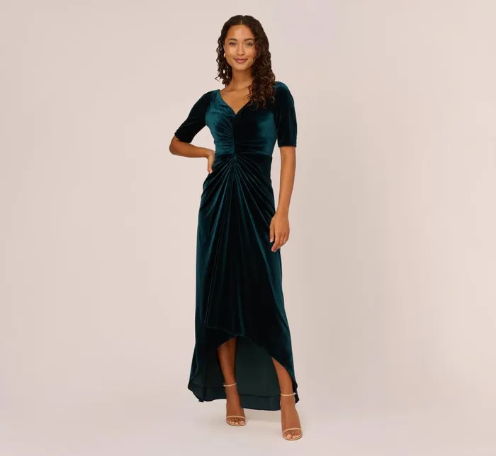 Adrianna Papell Formal Dresses Shirred Velvet Gown With ElbowLength Sleeves In Emerald 8211 Women