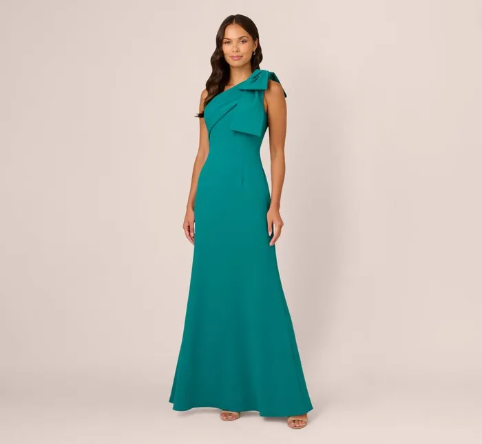 Adrianna Papell Formal Dresses Stretch Crepe One Shoulder Mermaid Gown With Bow Accent In Tempo Teal 8211 Women Adrianna Papell Formal Dresses Stretch Crepe One Shoulder Mermaid Gown With Bow Accent In Tempo Teal 8211 Women