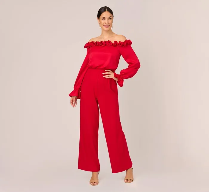 Adrianna Papell Jumpsuits Satin Crepe Blouson Jumpsuit With Rosette Trim In Hot Ruby 8211 Women