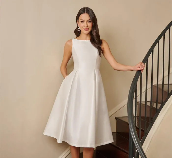 Adrianna Papell PetiteFriendly Sleeveless Mikado Fit And Flare Midi Dress With VBack In Ivory 8211 Women