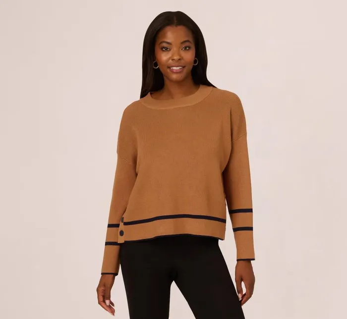 Adrianna Papell Sweaters Crew Neck Pullover Sweater With Tipped Details In Camel Bluemoon 8211 Women