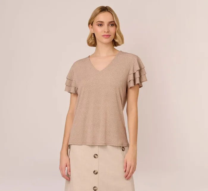 Adrianna Papell Tops and Blouses Flutter Sleeve Top With V Neckline In Cocoa Ivory Micro Dot 8211 Women