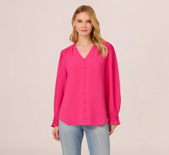 Adrianna Papell Tops and Blouses Long Sleeve Covered Button Up Top With V Neck In Hot Pink 8211 Women Adrianna Papell Tops and Blouses Long Sleeve Covered Button Up Top With V Neck In Hot Pink 8211 Women
