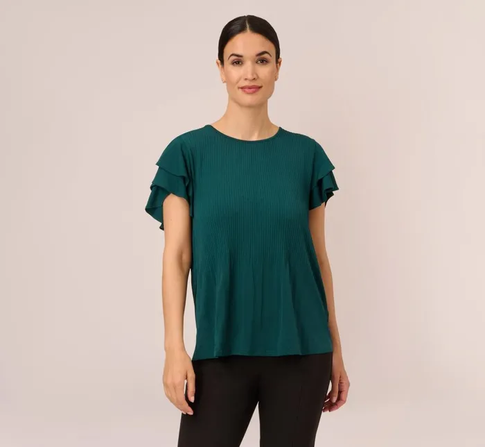 Adrianna Papell Tops and Blouses Printed Top With Double Ruffle Short Sleeves In Evergreen 8211 Women Adrianna Papell Tops and Blouses Printed Top With Double Ruffle Short Sleeves In Evergreen 8211 Women