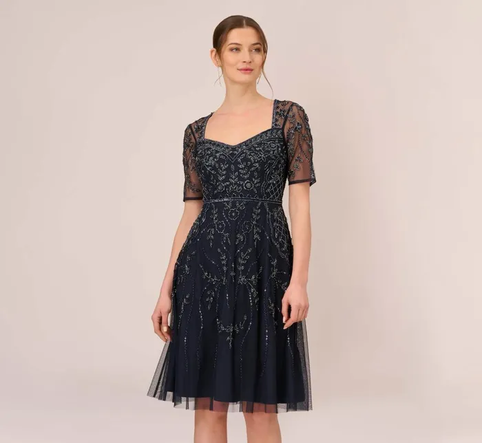 Adrianna Papell Wedding Guest Dresses Beaded Midi Dress With Sheer Short Sleeves In Midnight 8211 Women