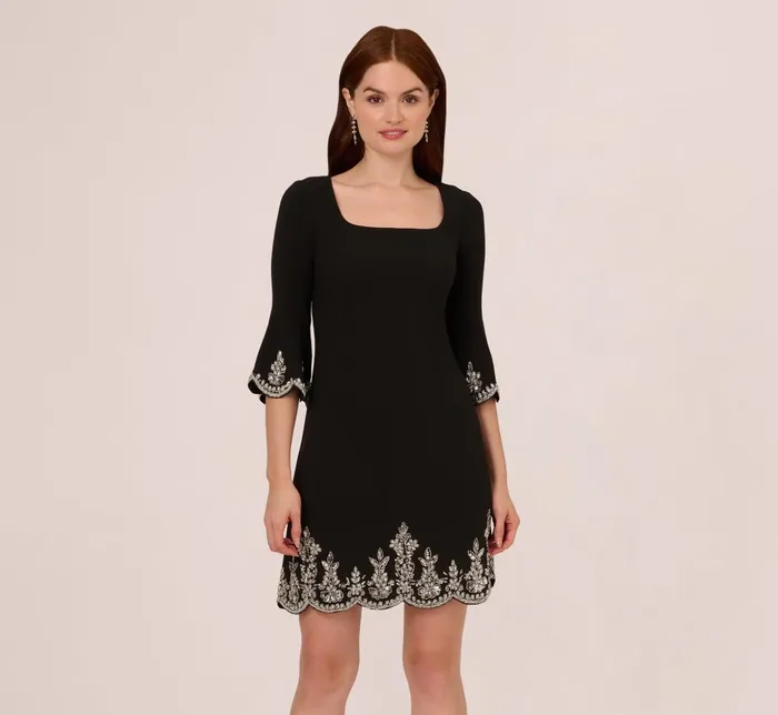 Adrianna Papell Wedding Guest Dresses Beaded Three Quarter Sleeve Crepe Dress With Scallop Edges In Black 8211 Women Adrianna Papell Wedding Guest Dresses Beaded Three Quarter Sleeve Crepe Dress With Scallop Edges In Black 8211 Women