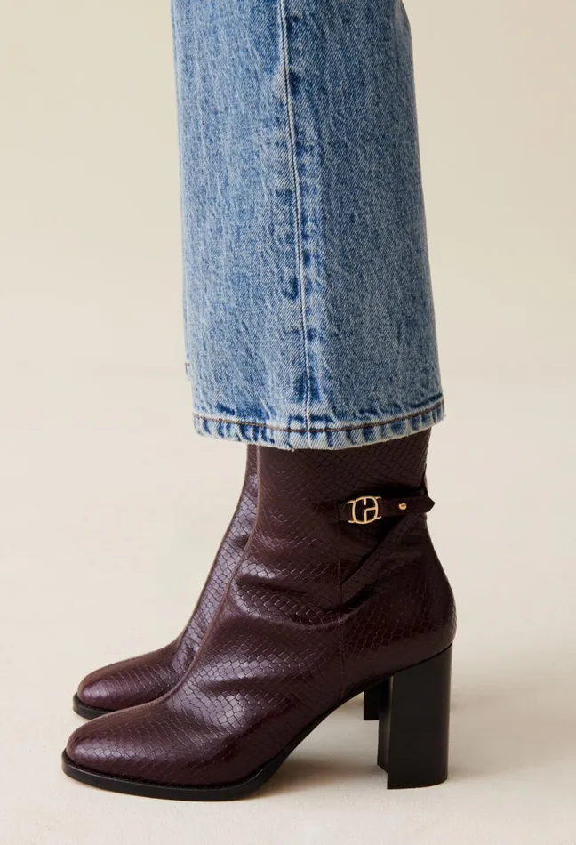 Claudie Pierlot Glossy Snake Effect Boots Burgundy Women Ankle Boots