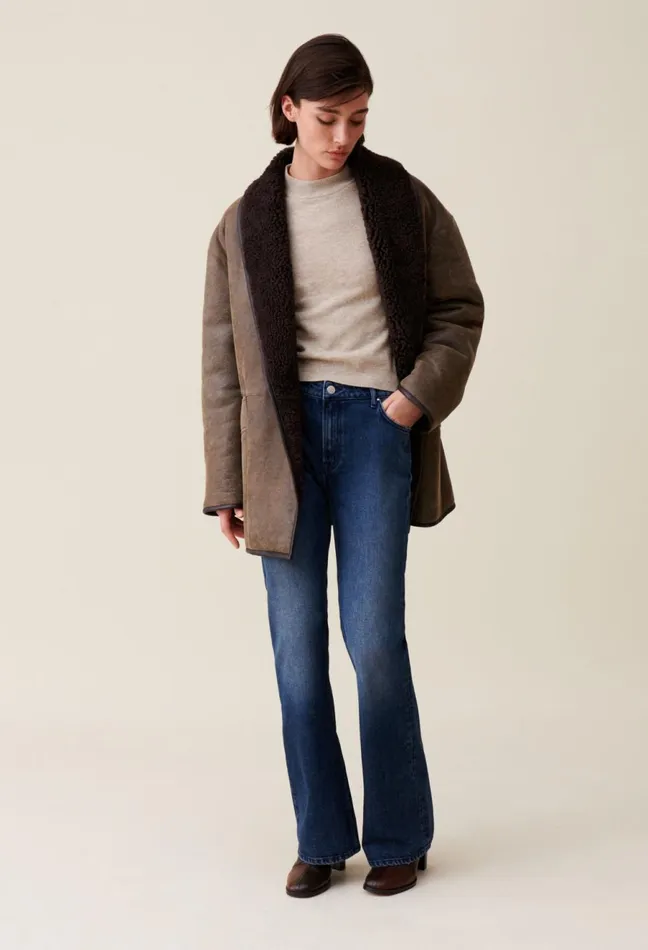 Claudie Pierlot Taupe Belted Shearling Jacket Brown Women Coats