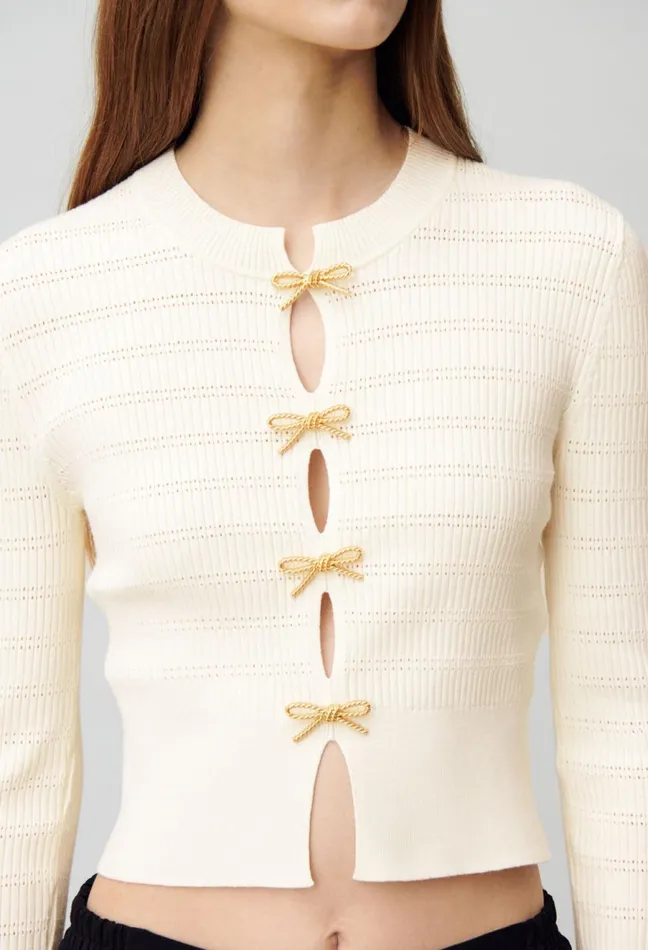 Claudie Pierlot Thin Knit Jumper With Bows Ecru Women Knitwear And Cardigans