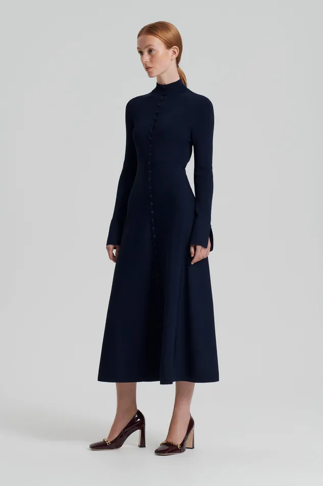CREPE KNIT BUTTON POLO DRESS NAVY Dresses Scanlan Theodore Women CREPE KNIT BUTTON POLO DRESS NAVY Dresses Scanlan Theodore Women