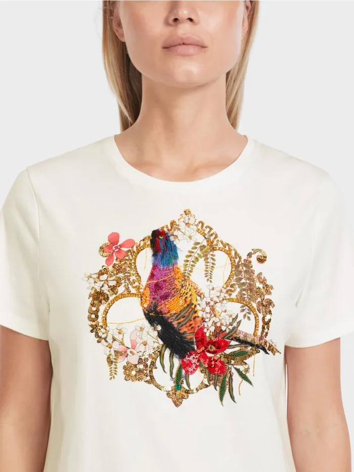 Damen Marc Cain Shirts and Tops TShirt Mit PaillettenMotiv Offwhite