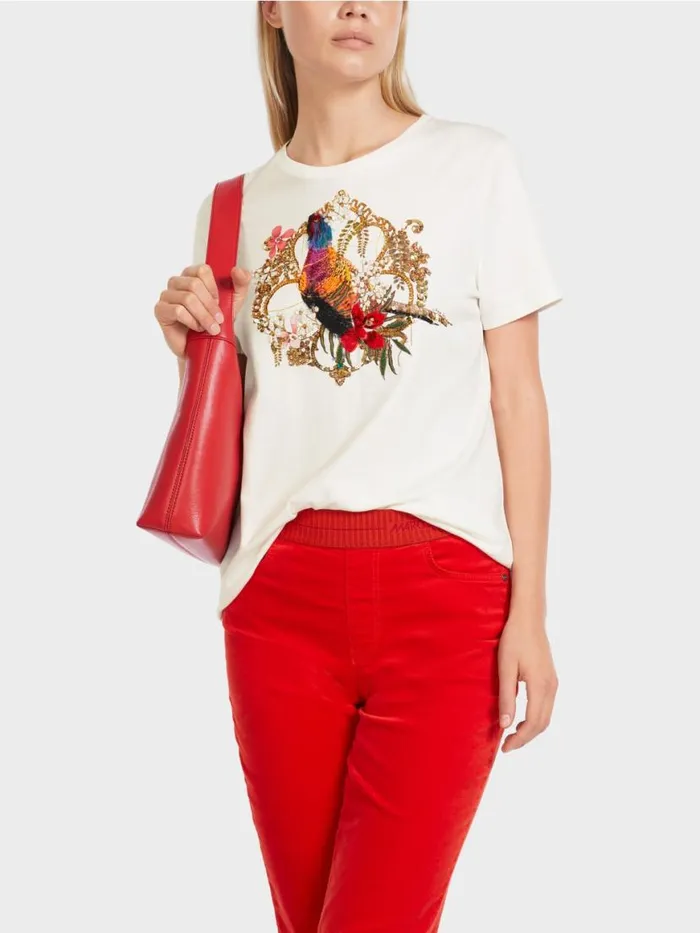 Damen Marc Cain Shirts and Tops TShirt Mit PaillettenMotiv Offwhite