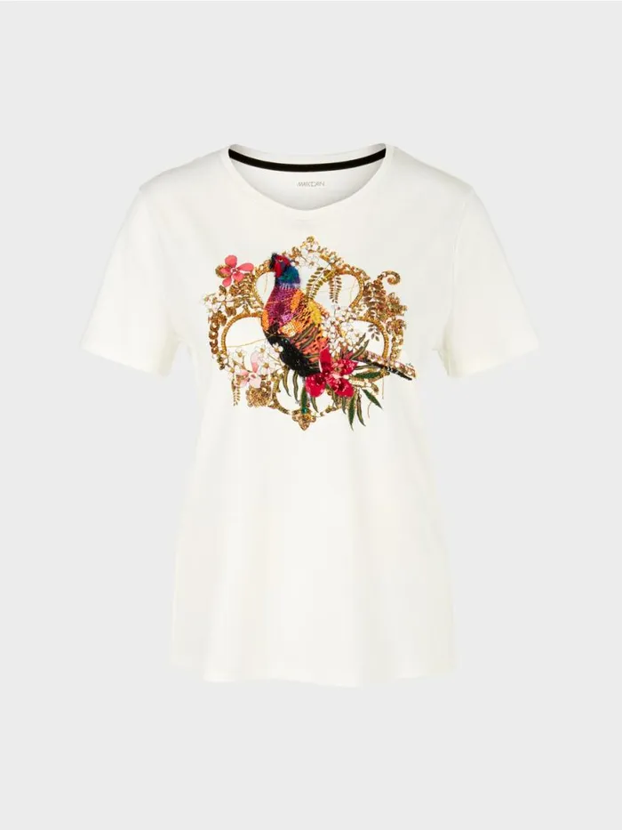 Damen Marc Cain Shirts and Tops TShirt Mit PaillettenMotiv Offwhite