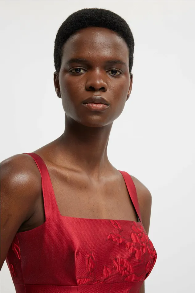 Gowns Women Emilia Wickstead Micheline Dress In Red Graphic Rose Jacquard Gowns Women Emilia Wickstead Micheline Dress In Red Graphic Rose Jacquard