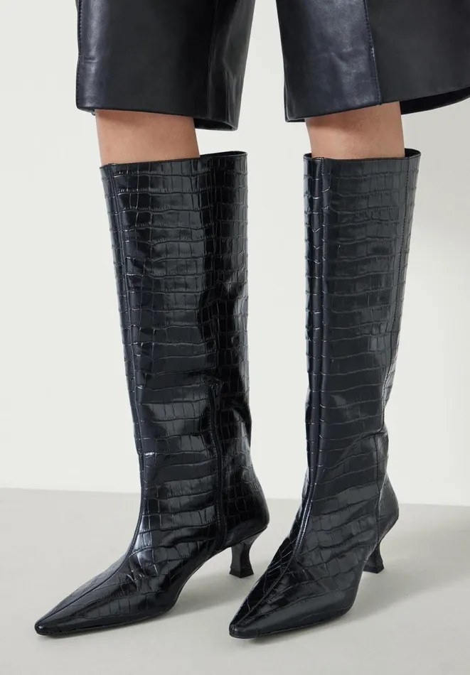 Hush Boots Women Katlynn Leather Kitten Heel Knee Boots Black