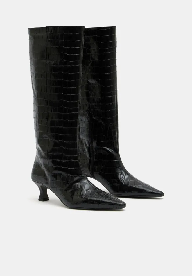 Hush Boots Women Katlynn Leather Kitten Heel Knee Boots Black