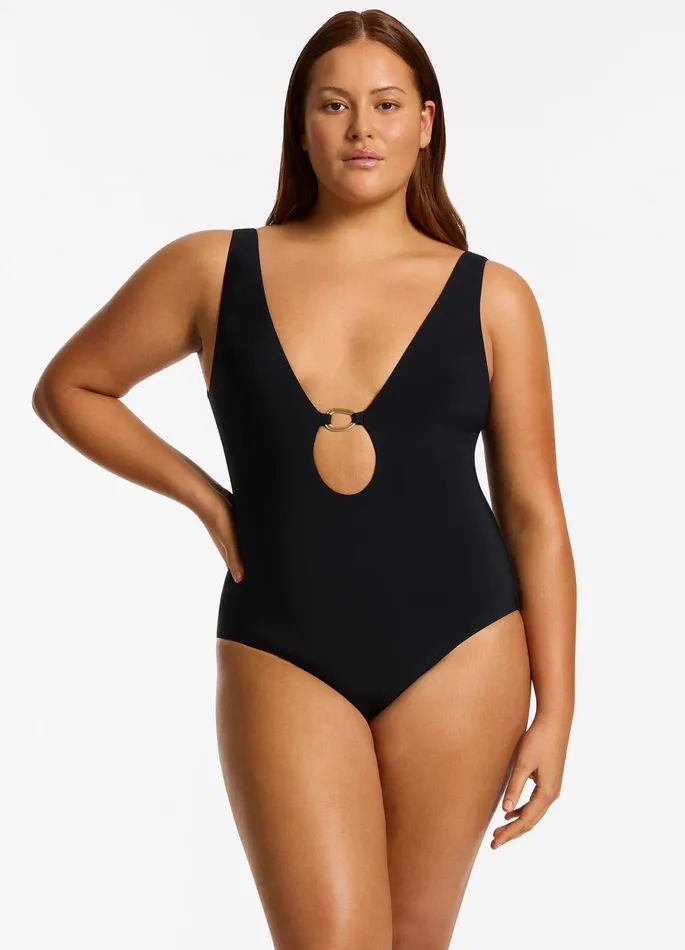 Jetset Lien Plunge One Piece Black Women JETS Australia Plunge One Piece