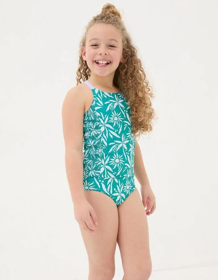 Kids FatFace Swimwear Palm Print Tankini Teal Blue