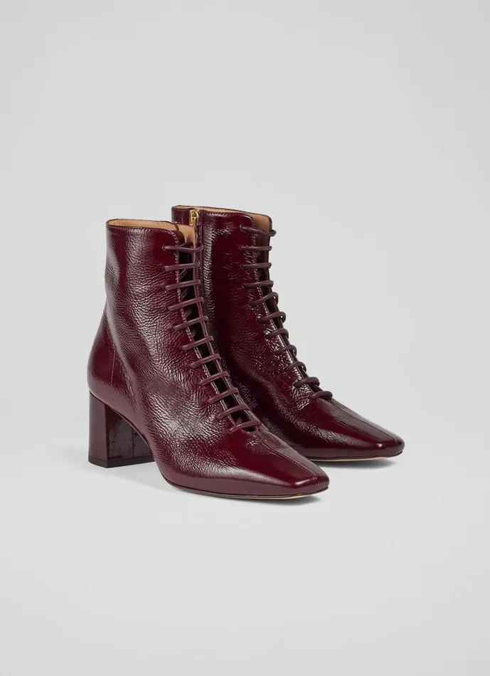 LKBennett Boots Women Arabella Bordeaux Crinkle Patent Lace Up Ankle Boots LKBennett Boots Women Arabella Bordeaux Crinkle Patent Lace Up Ankle Boots