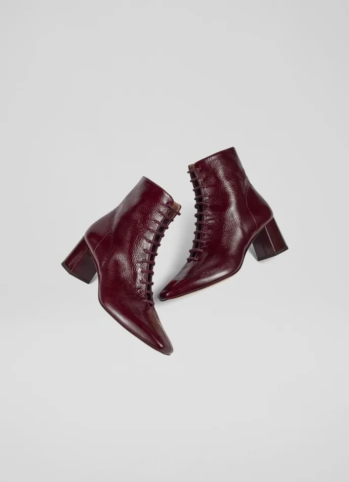 LKBennett Boots Women Arabella Bordeaux Crinkle Patent Lace Up Ankle Boots LKBennett Boots Women Arabella Bordeaux Crinkle Patent Lace Up Ankle Boots