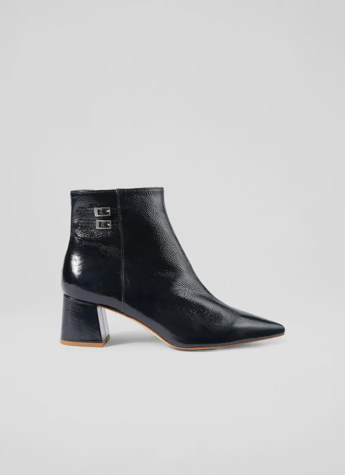 LKBennett Boots Women Missy Navy Leather Crinkle Patent Ankle Boots