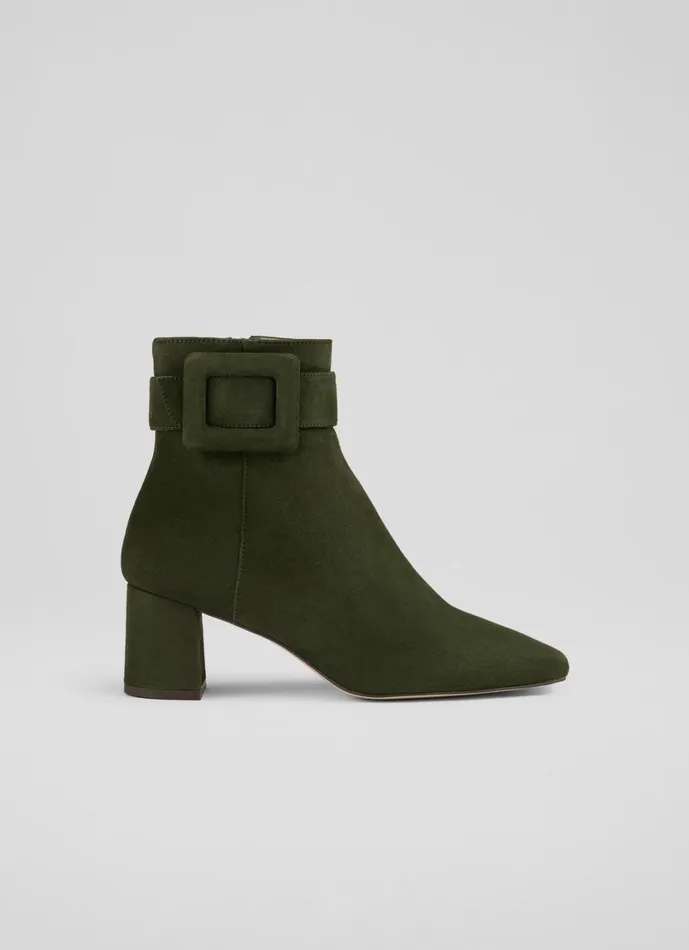 LKBennett Boots Women Wilde Khaki Covered Buckle Ankle Boot