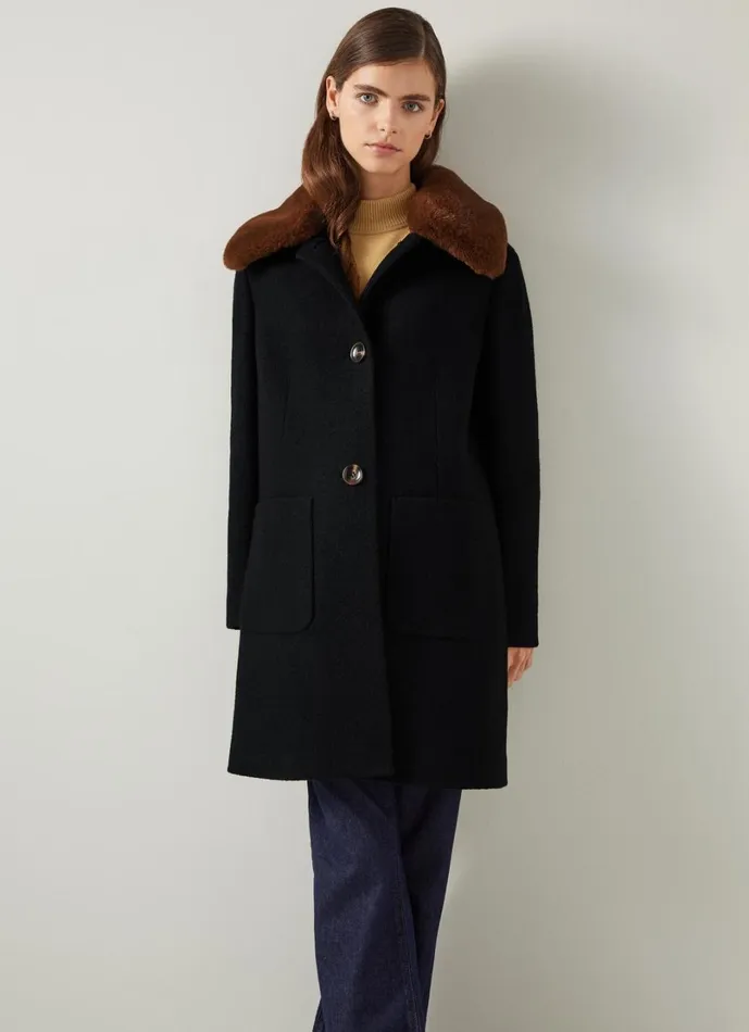 LKBennett Coats and Jackets Women Aster Black and Cognac Boucle Coat With Faux Fur Collar