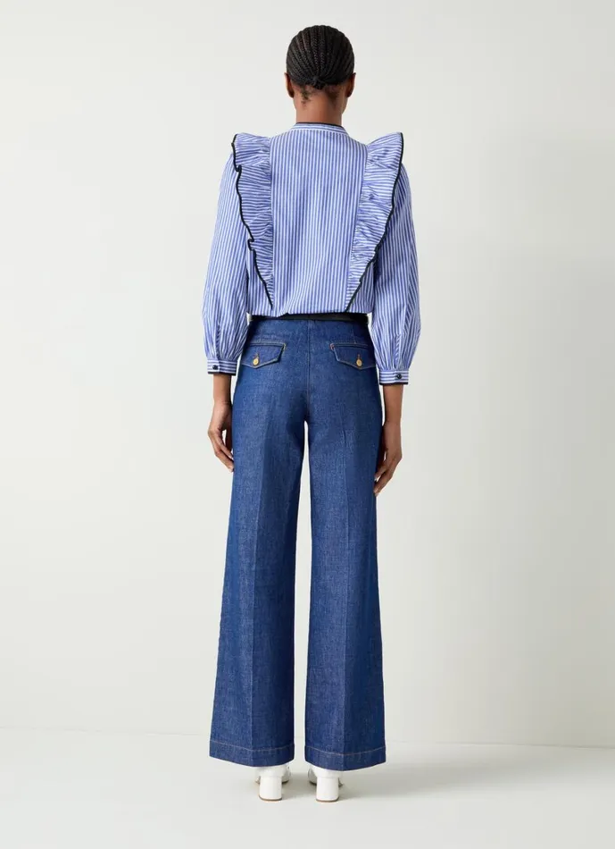 LKBennett Tops Women Lucan Blue and White Striped Cotton Blouse LKBennett Tops Women Lucan Blue and White Striped Cotton Blouse