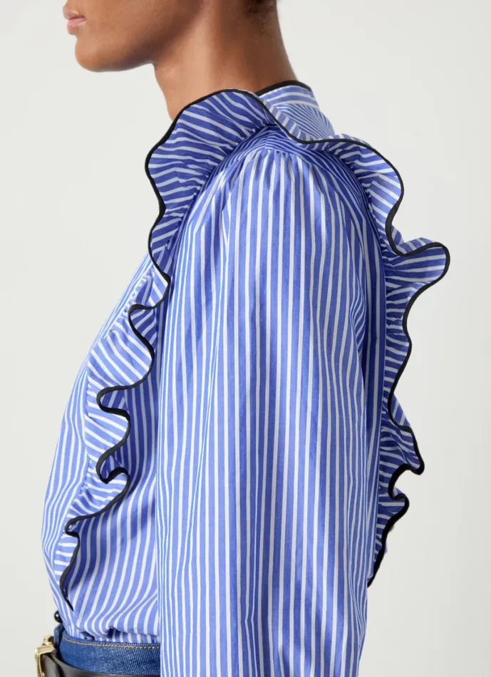 LKBennett Tops Women Lucan Blue and White Striped Cotton Blouse LKBennett Tops Women Lucan Blue and White Striped Cotton Blouse