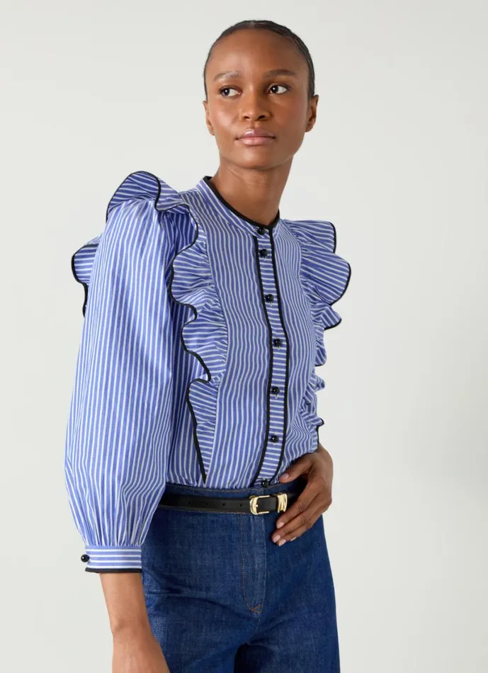 LKBennett Tops Women Lucan Blue and White Striped Cotton Blouse LKBennett Tops Women Lucan Blue and White Striped Cotton Blouse