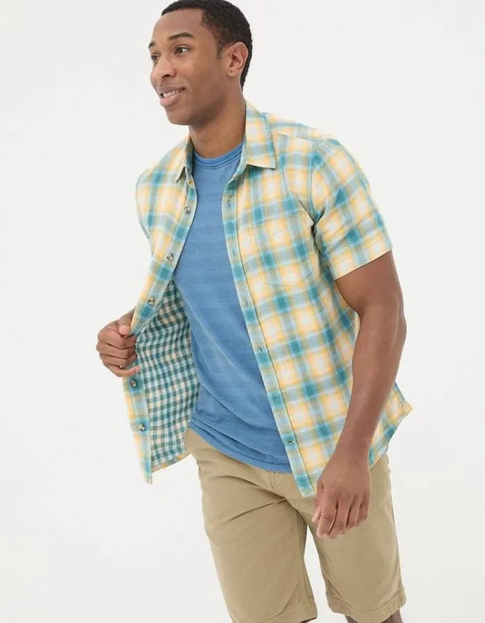 Men FatFace Vacation Shop Short Sleeve Chatley Check Shirt Yellow