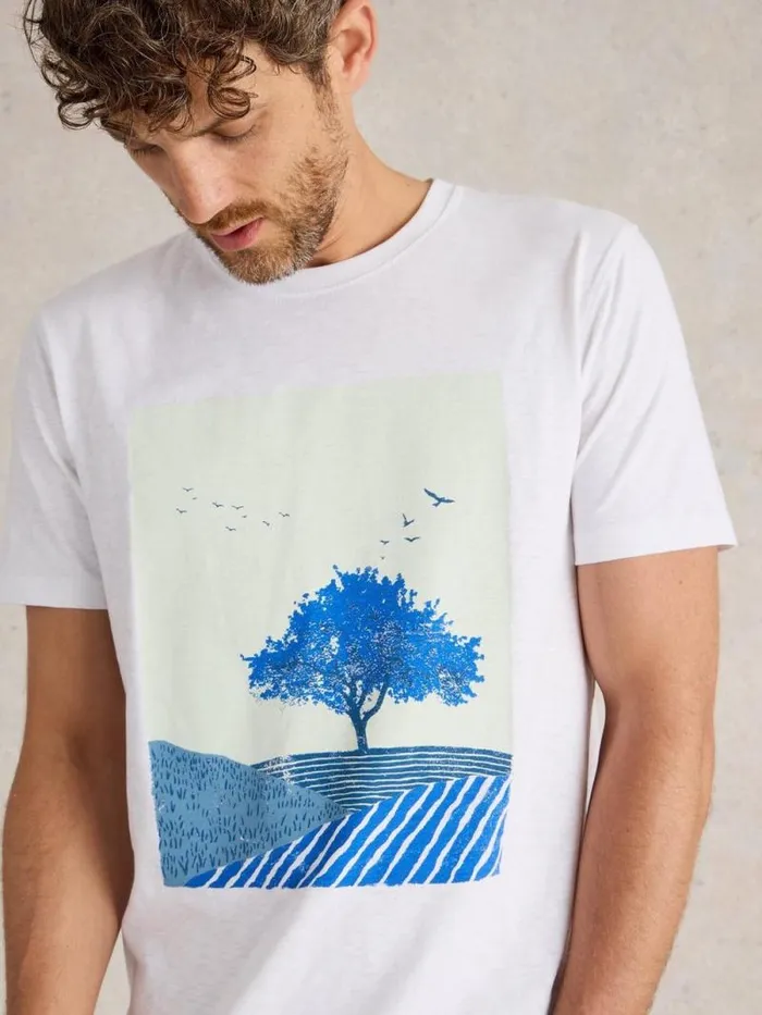 Men Indigo Tree Graphic Tee Ivory Print White Stuff TShirts Men Indigo Tree Graphic Tee Ivory Print White Stuff TShirts