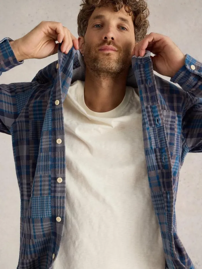 Men Patchwork Check Shirt Grey Multi White Stuff Shirts Men Patchwork Check Shirt Grey Multi White Stuff Shirts