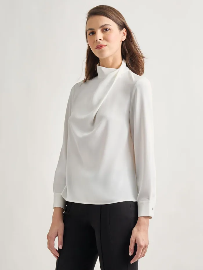 Misook Draped Crepe De Chine Mock Neck Blouse Women Blouses and Shirts