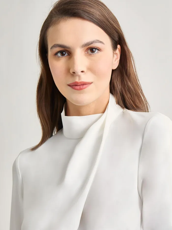 Misook Draped Crepe De Chine Mock Neck Blouse Women Blouses and Shirts