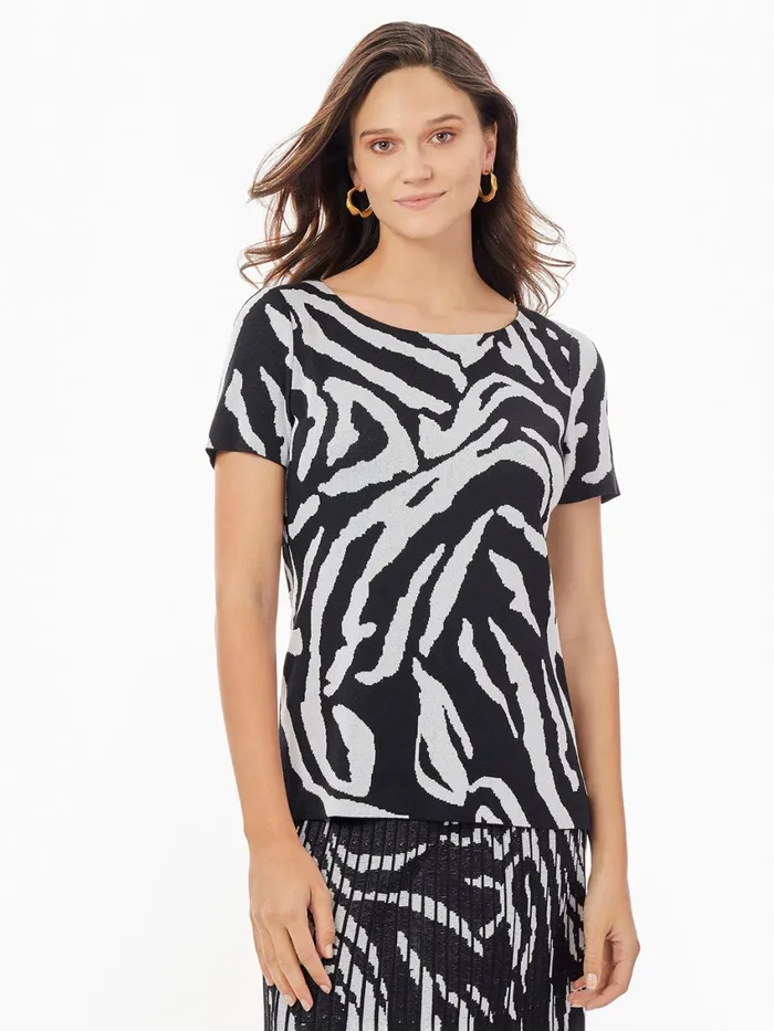 Misook Short Sleeve Zebra Soft Knit Top Women Tops and Tees Misook Short Sleeve Zebra Soft Knit Top Women Tops and Tees