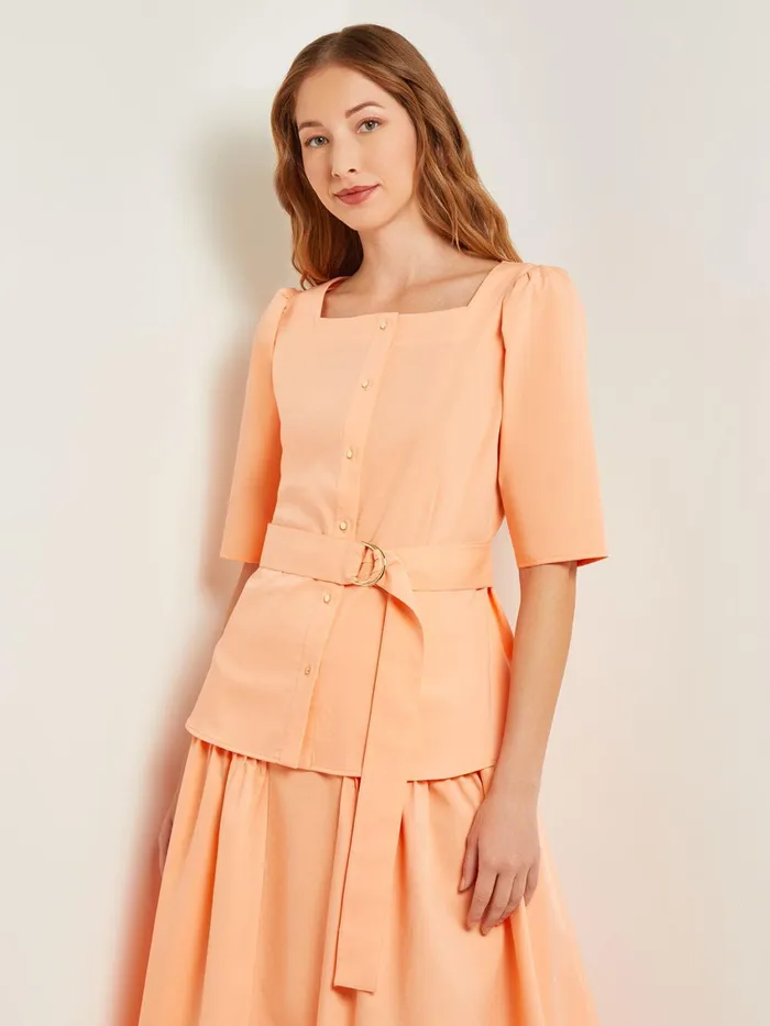 Misook Square Neck Button Front Blouse 8211 Belted Faux Cupro Silk Women Tops and Tees Misook Square Neck Button Front Blouse 8211 Belted Faux Cupro Silk Women Tops and Tees