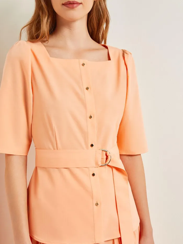 Misook Square Neck Button Front Blouse 8211 Belted Faux Cupro Silk Women Tops and Tees Misook Square Neck Button Front Blouse 8211 Belted Faux Cupro Silk Women Tops and Tees