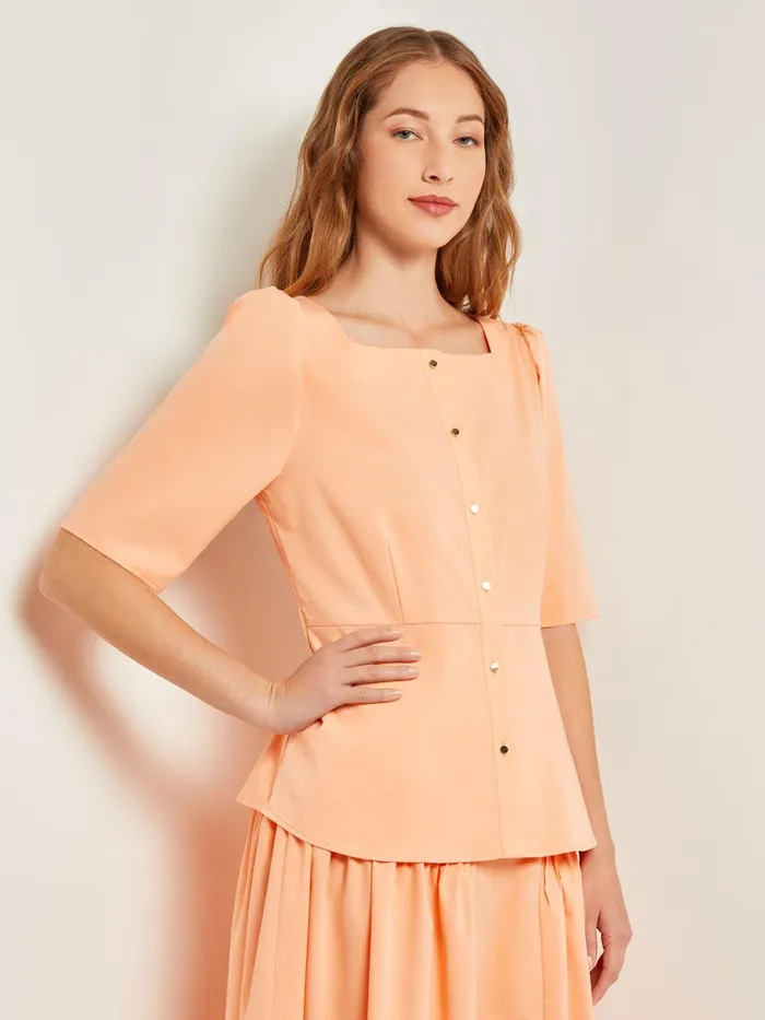 Misook Square Neck Button Front Blouse 8211 Belted Faux Cupro Silk Women Tops and Tees Misook Square Neck Button Front Blouse 8211 Belted Faux Cupro Silk Women Tops and Tees