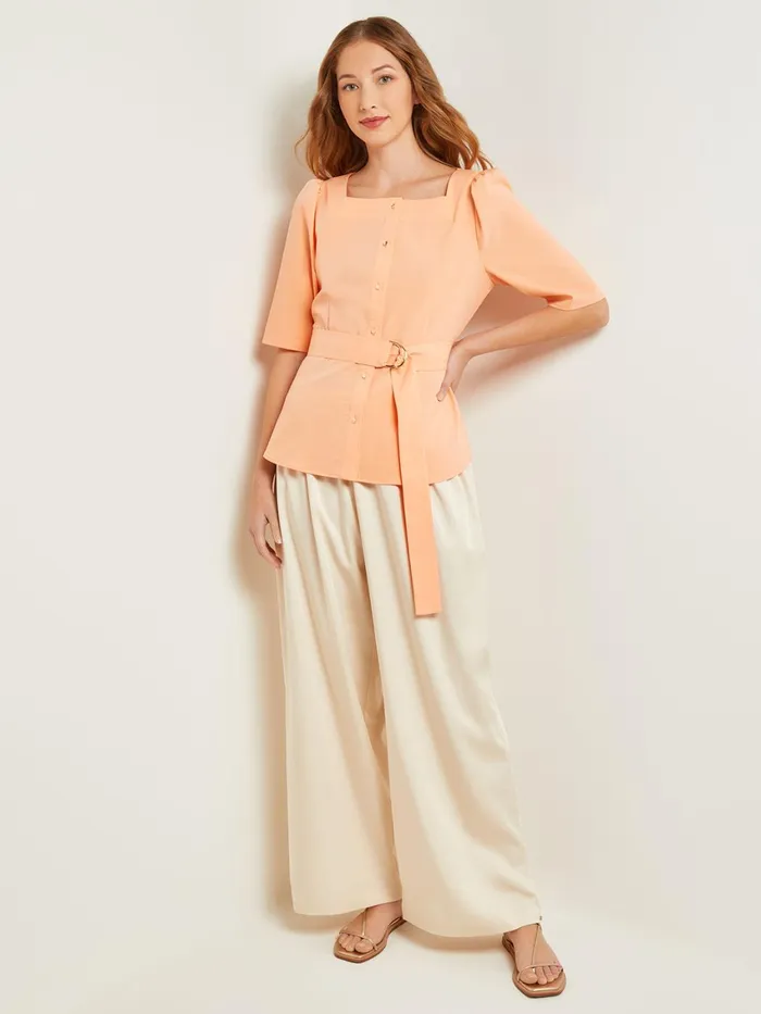 Misook Square Neck Button Front Blouse 8211 Belted Faux Cupro Silk Women Tops and Tees Misook Square Neck Button Front Blouse 8211 Belted Faux Cupro Silk Women Tops and Tees