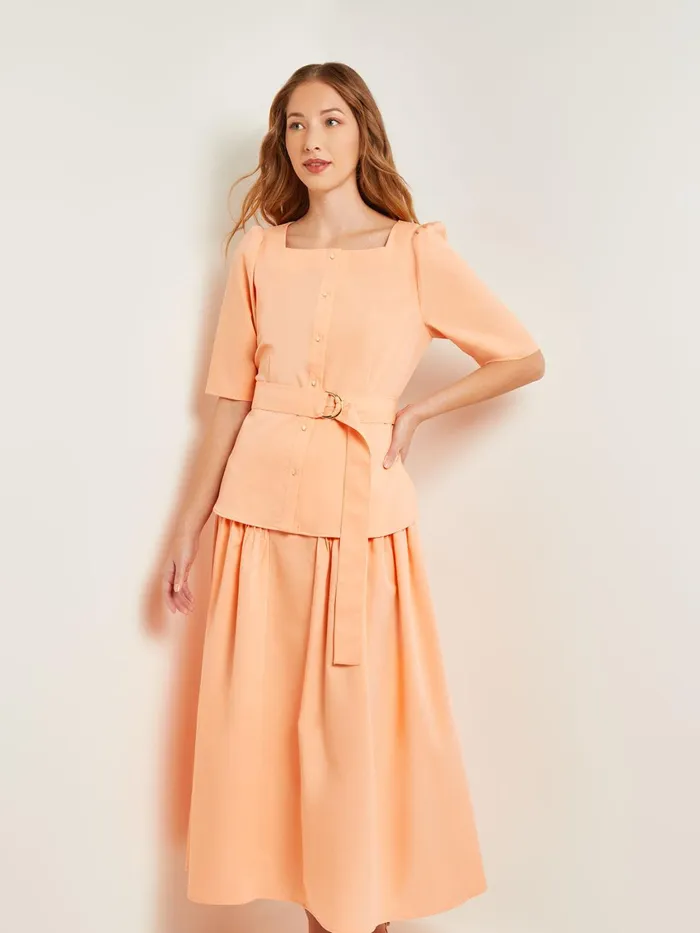Misook Square Neck Button Front Blouse 8211 Belted Faux Cupro Silk Women Tops and Tees Misook Square Neck Button Front Blouse 8211 Belted Faux Cupro Silk Women Tops and Tees