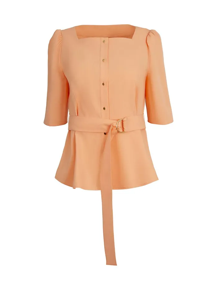 Misook Square Neck Button Front Blouse 8211 Belted Faux Cupro Silk Women Tops and Tees Misook Square Neck Button Front Blouse 8211 Belted Faux Cupro Silk Women Tops and Tees